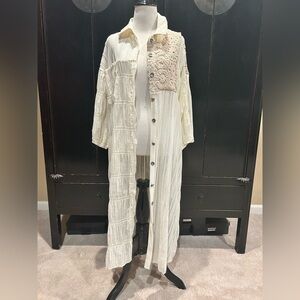 Lace Crochet Patch Button Down Long Shirt in Cream